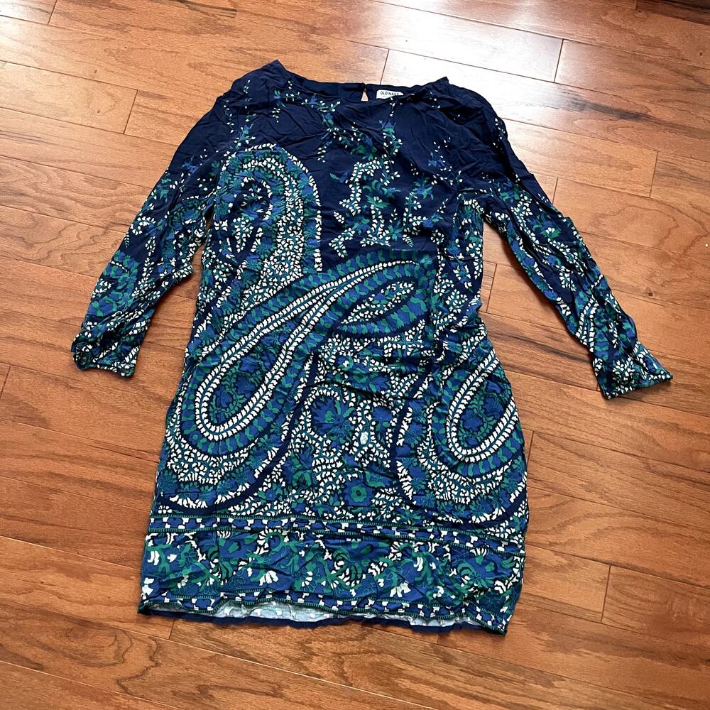 Old Navy Dark and Light Blue A Line Long Sleeve Paisley Knee Length Dress Sz L
